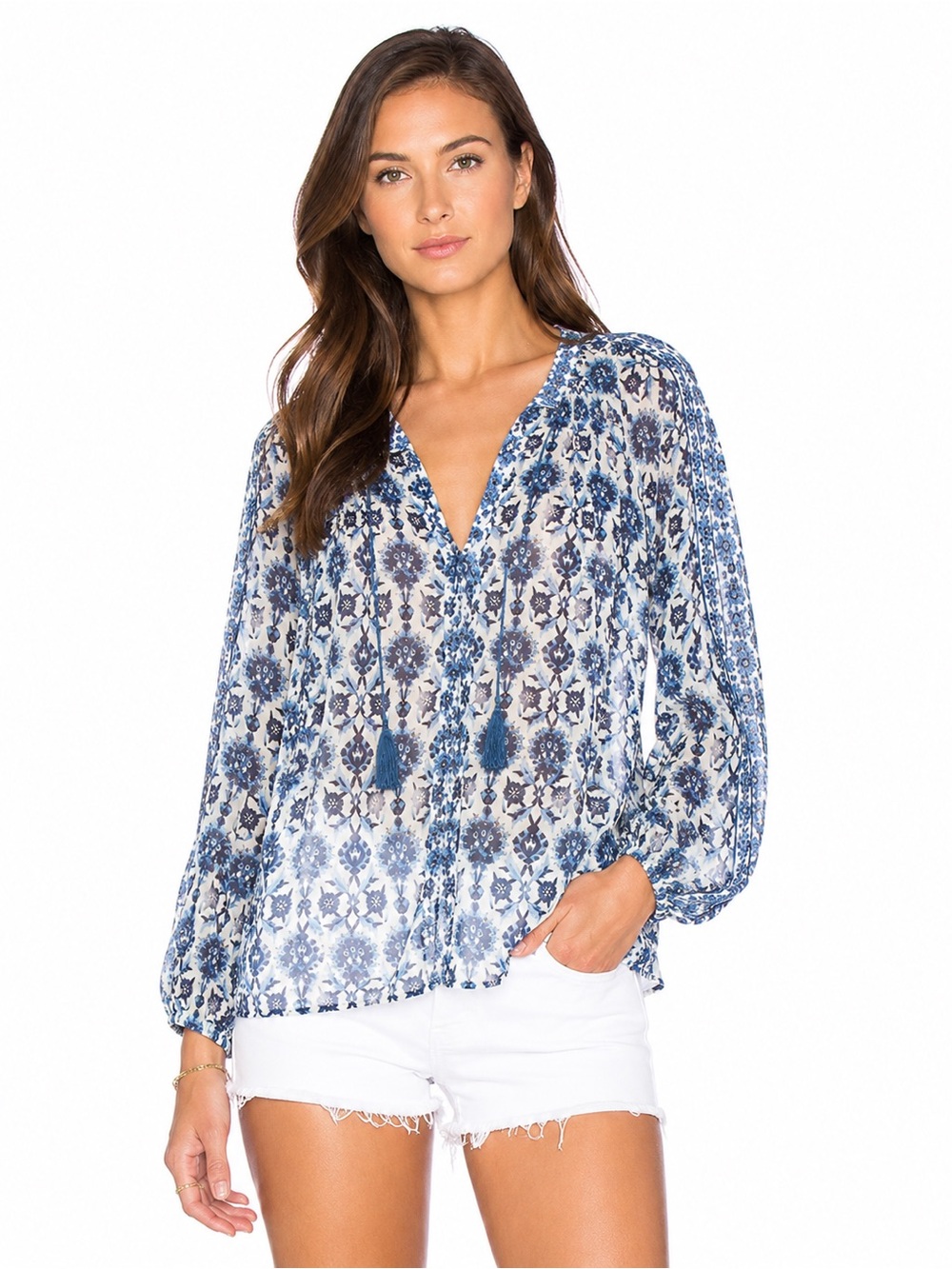 Joie Auberon B Blue Ivory Floral Silk Peasant Blouse Size Small